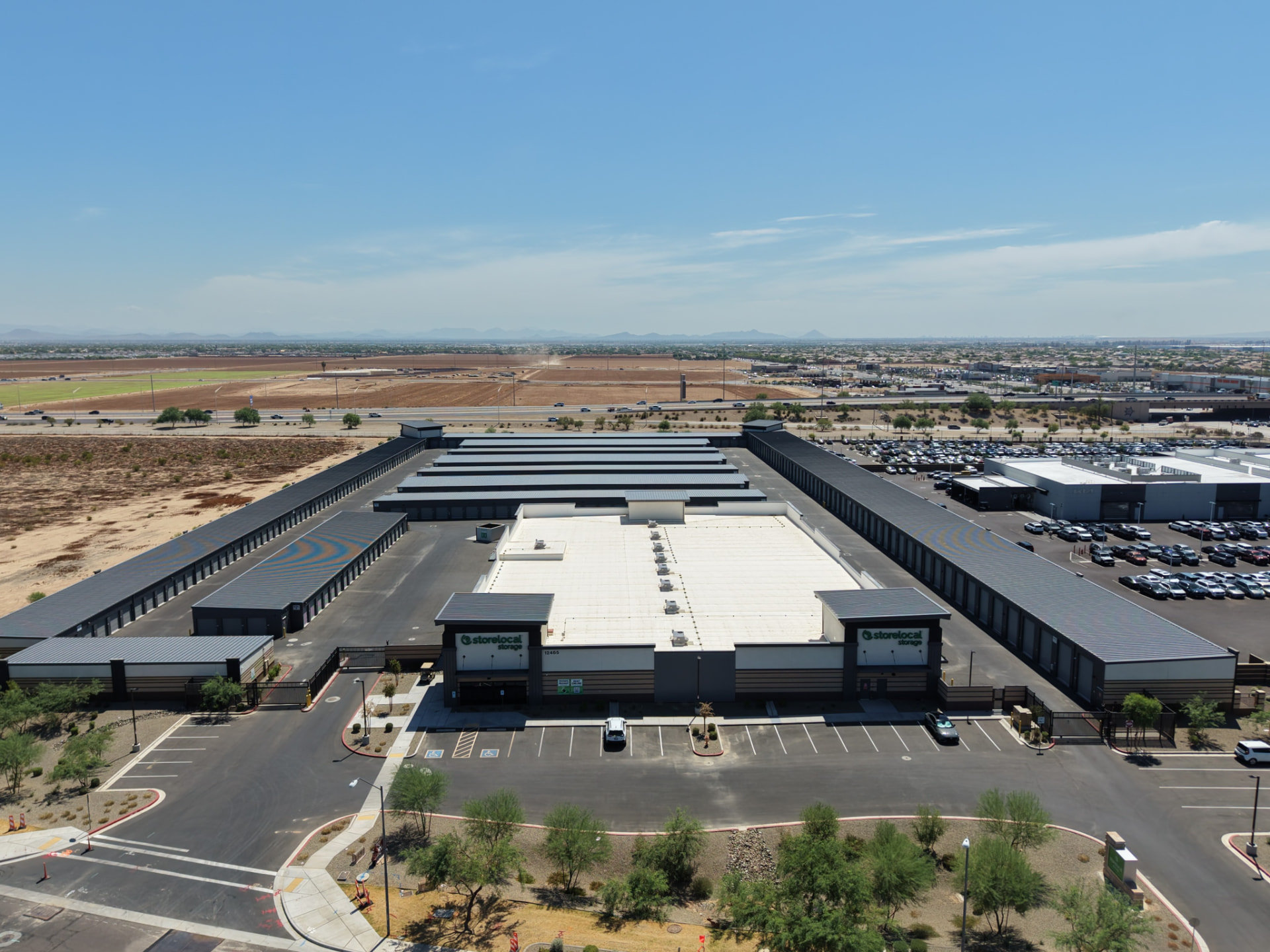 Aerial view of a multi-building self-storage property managed by SSA