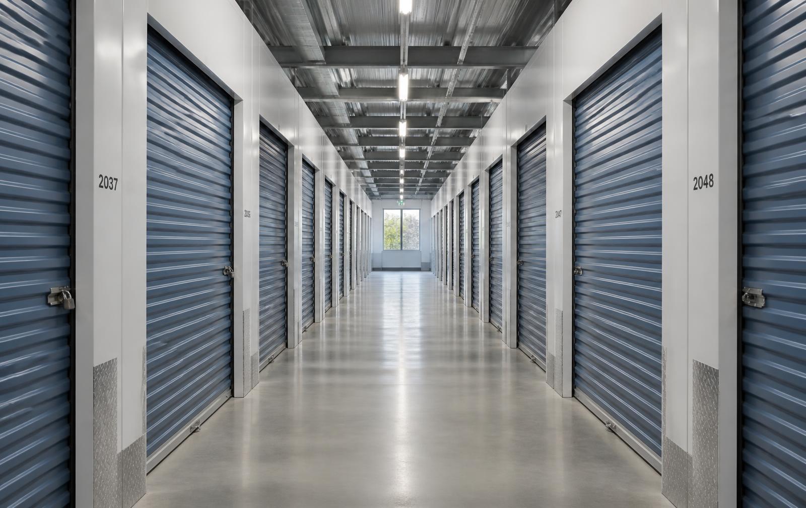 Interior corridor of a modern self-storage facility